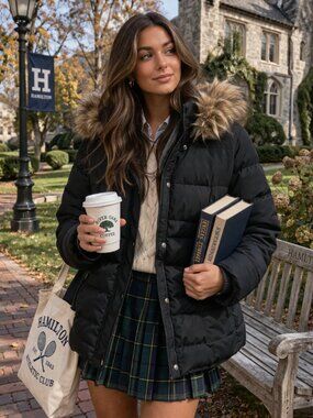 Abercrombie & Fitch Black Quilted Puffer with Faux Fur Hood Trim